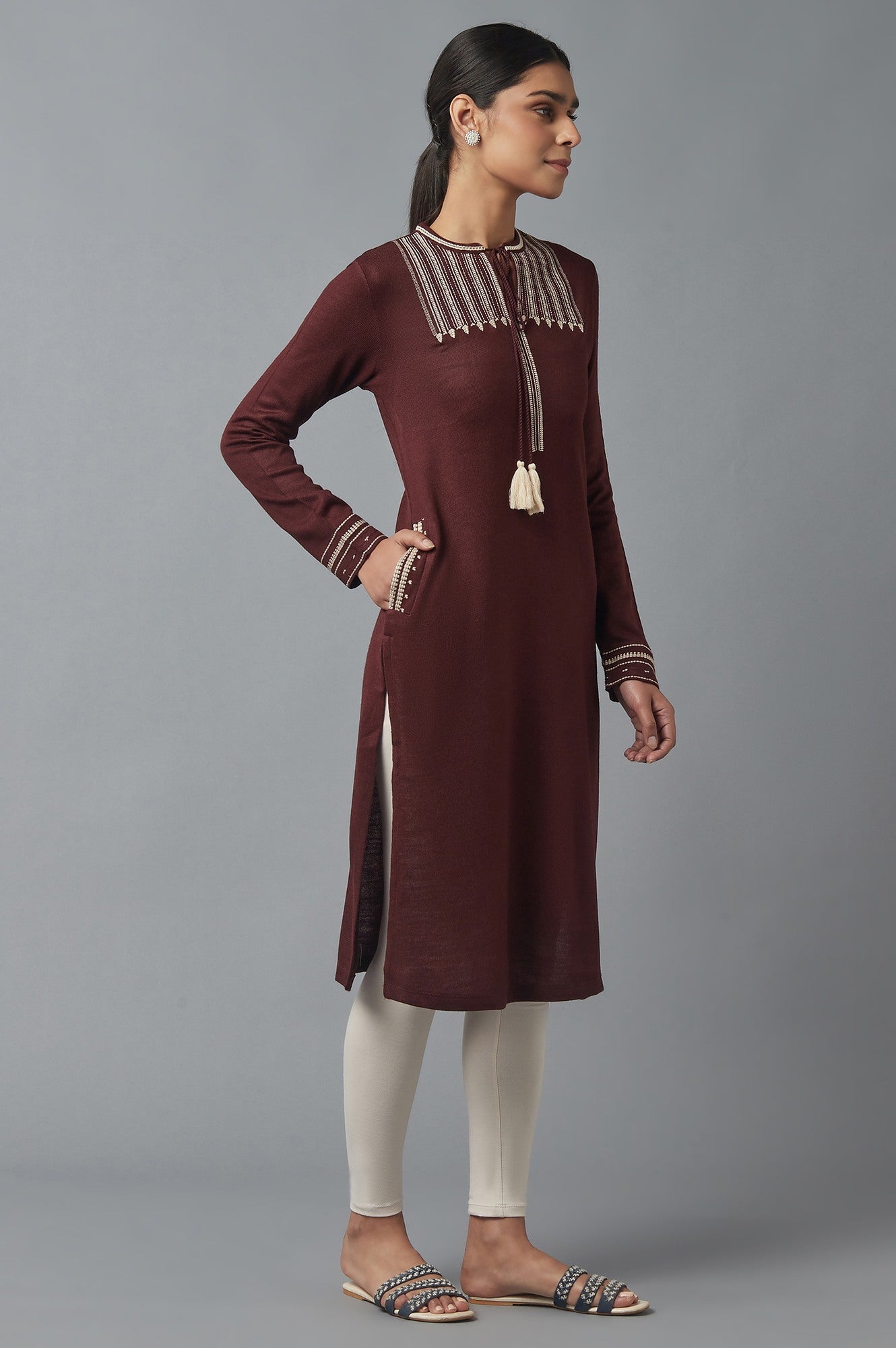 Chocolate Brown Embroidered Winter Kurta