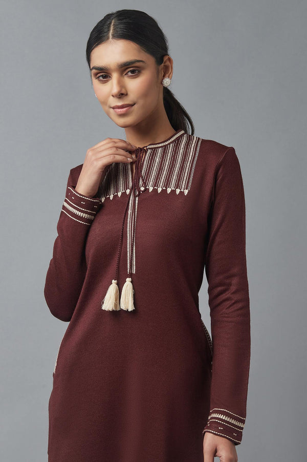 Chocolate Brown Embroidered Winter Kurta