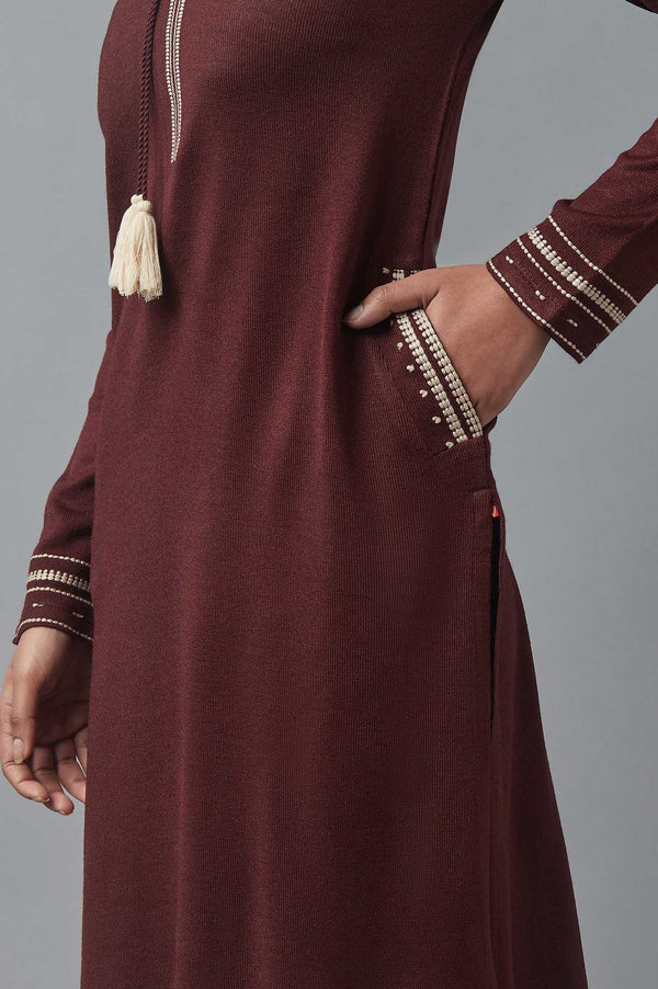 Chocolate Brown Embroidered Winter Kurta