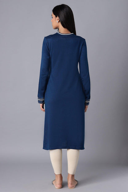 Bright Blue Embroidered Winter kurta - wforwoman