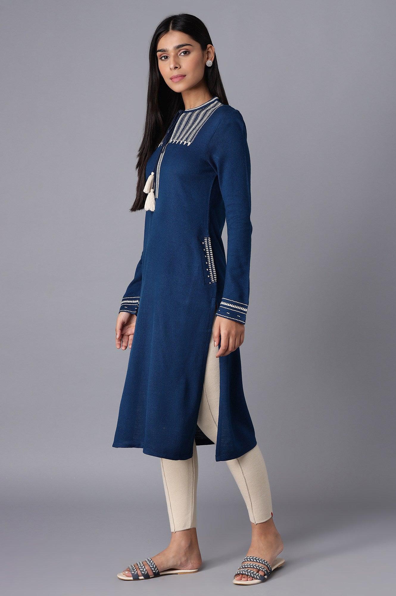 Bright Blue Embroidered Winter kurta - wforwoman