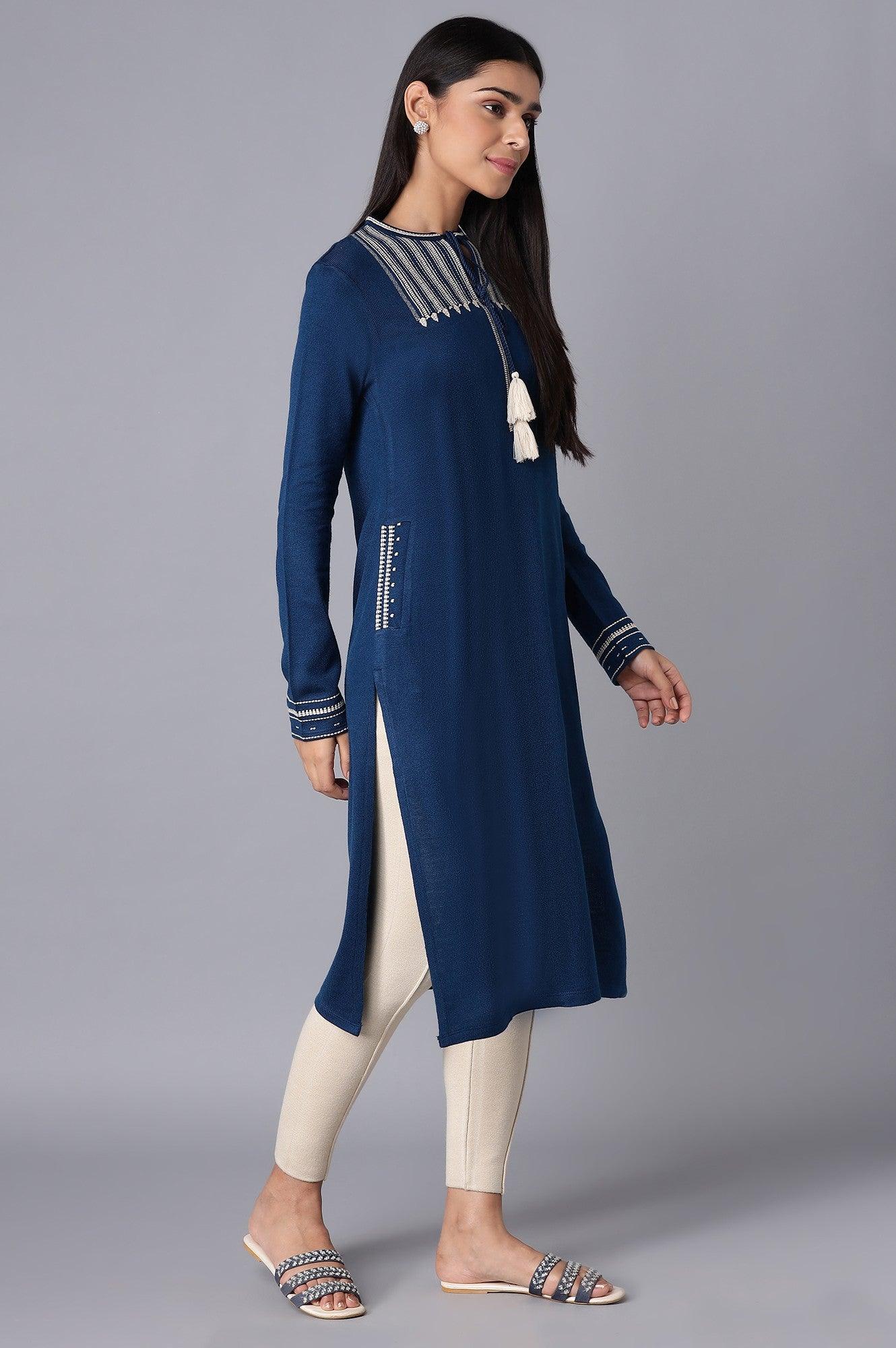 Bright Blue Embroidered Winter kurta - wforwoman