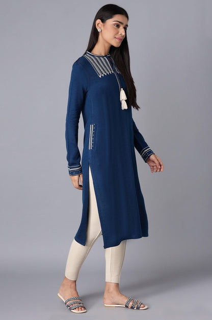 Bright Blue Embroidered Winter kurta - wforwoman