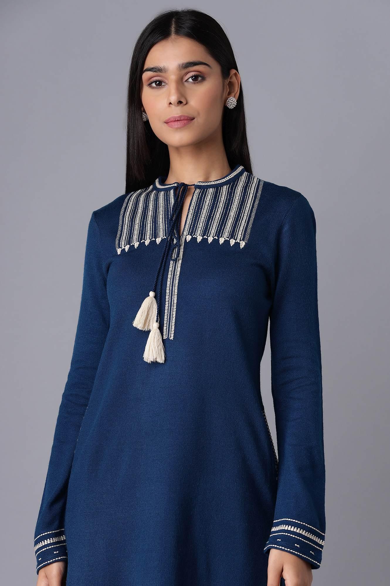 Bright Blue Embroidered Winter kurta - wforwoman
