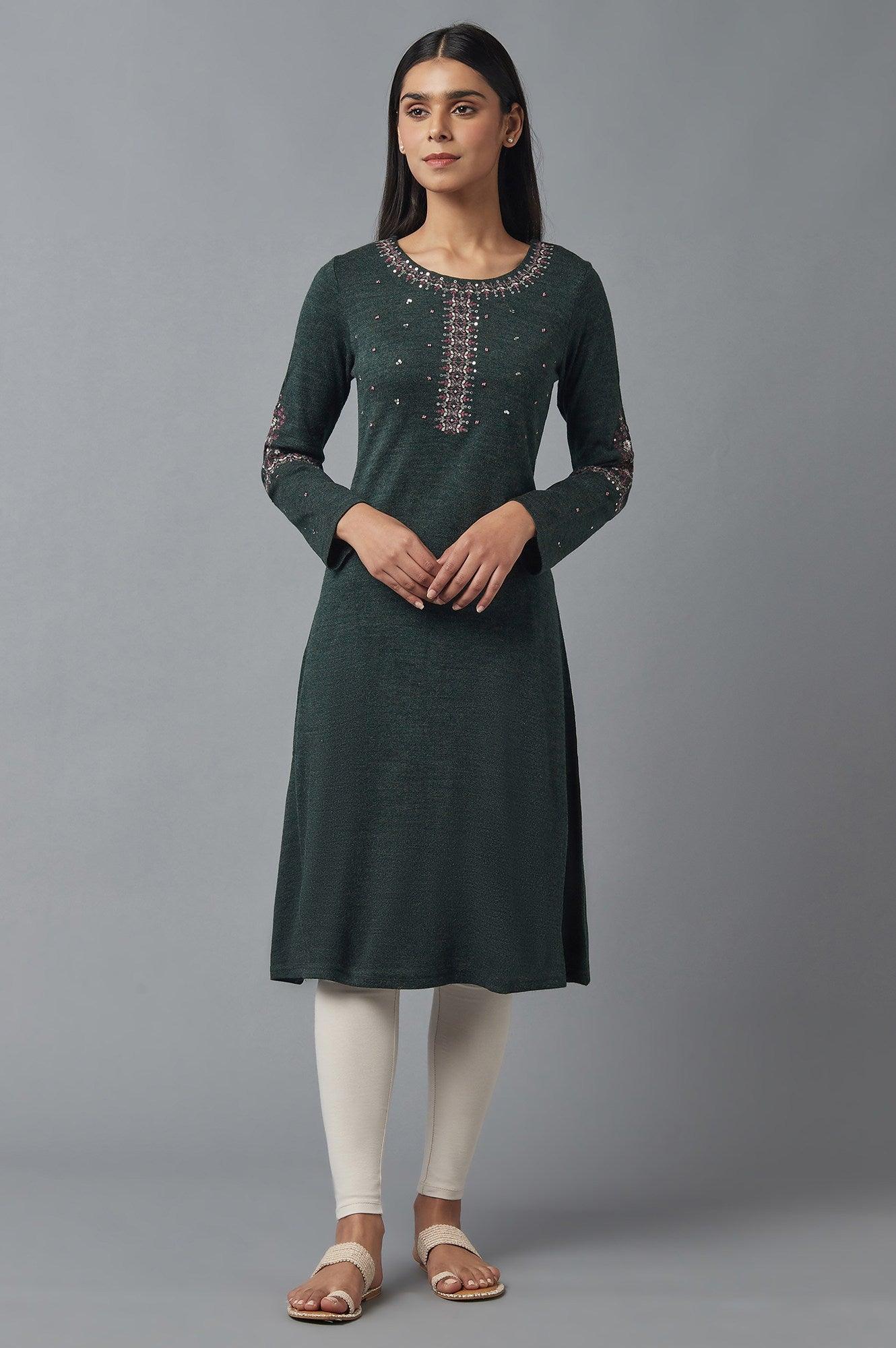 Slate Grey Embroidered Winter kurta - wforwoman