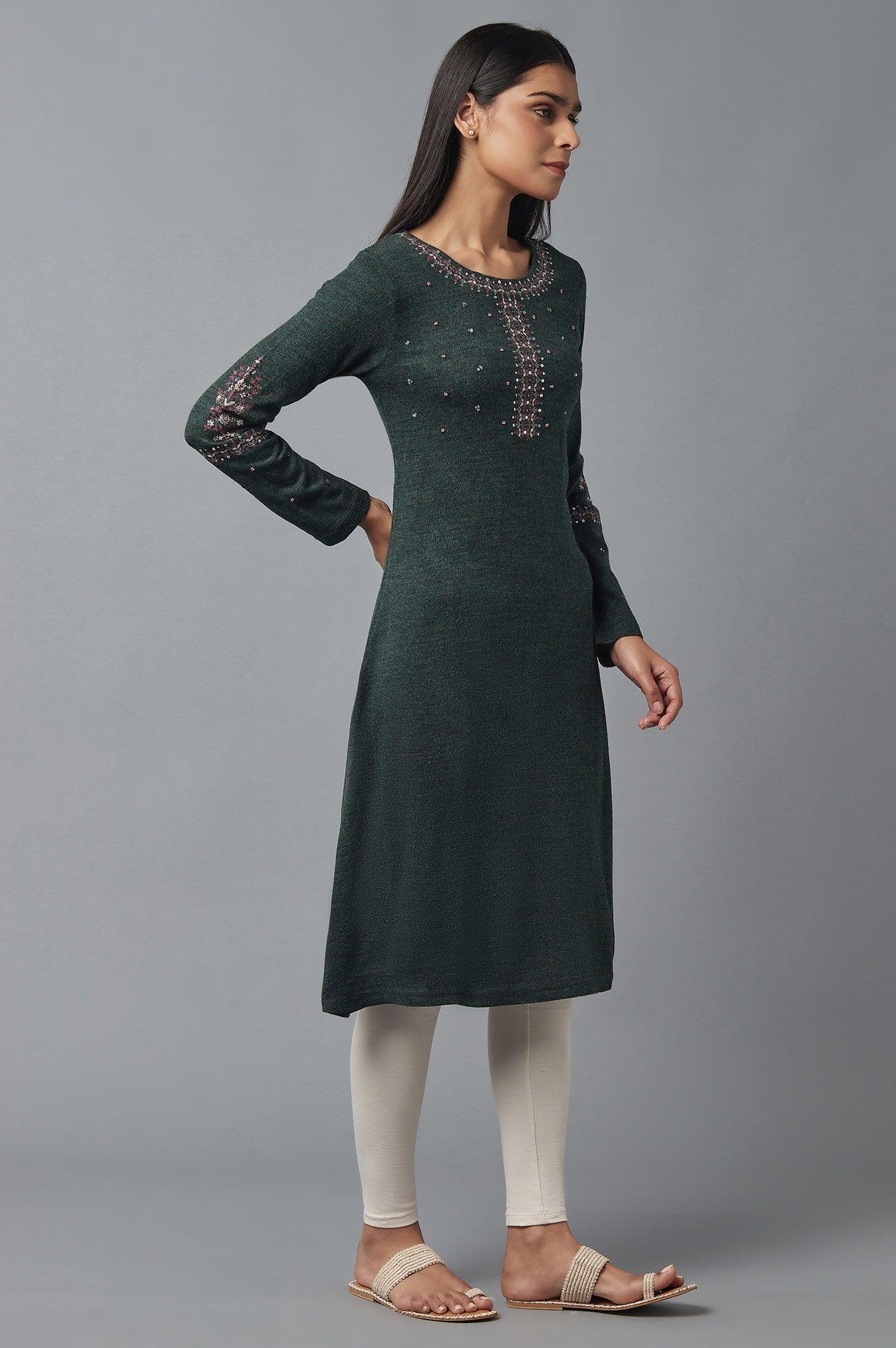 Slate Grey Embroidered Winter kurta - wforwoman