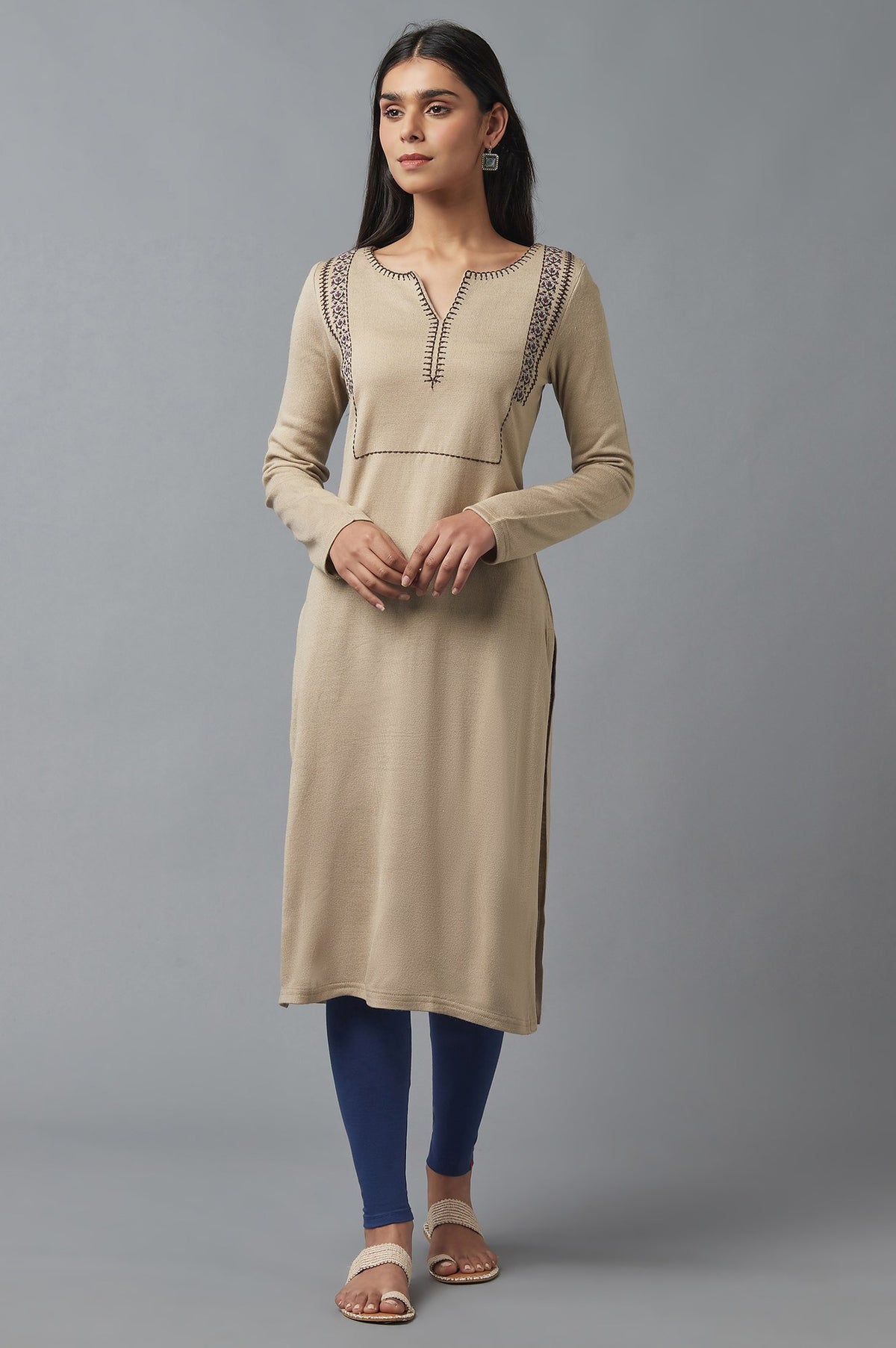Beige Embroidered Winter Kurta - XS