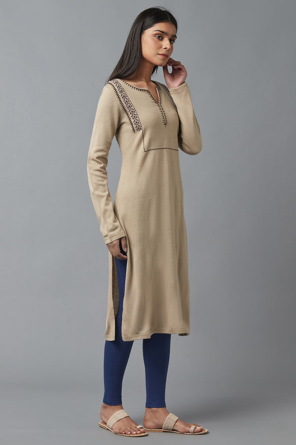 Beige Embroidered Winter Kurta