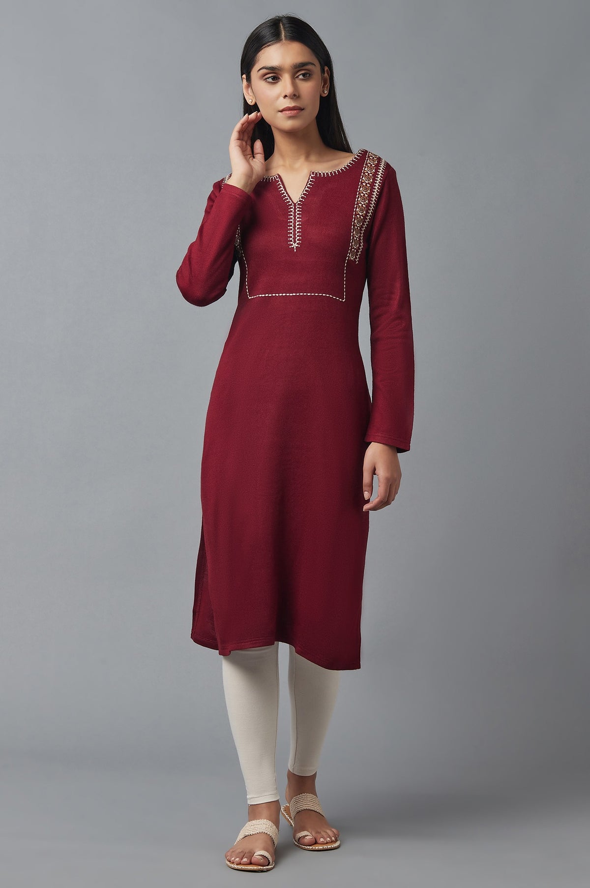 Spice Red Embroidered Winter kurta - 6