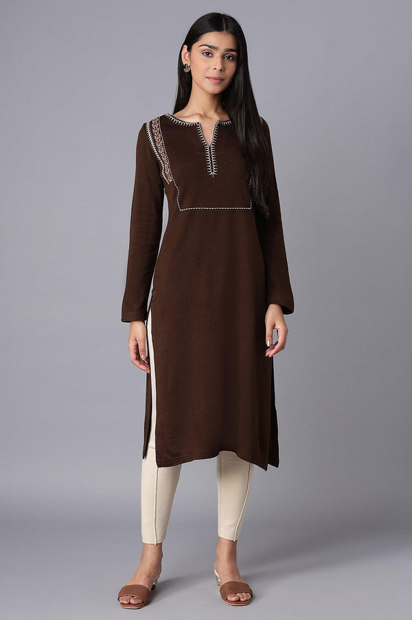 Dark Brown Embroidered Winter kurta