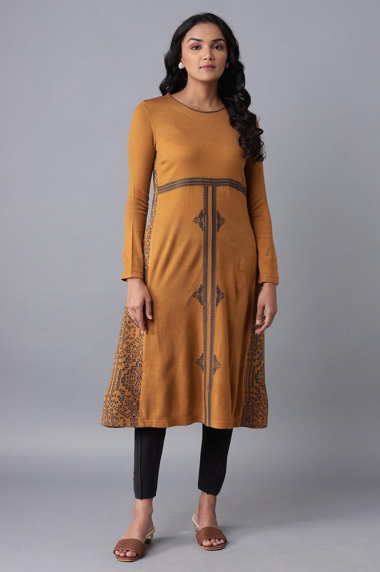 Dark Yellow A-line Winter Dress - wforwoman