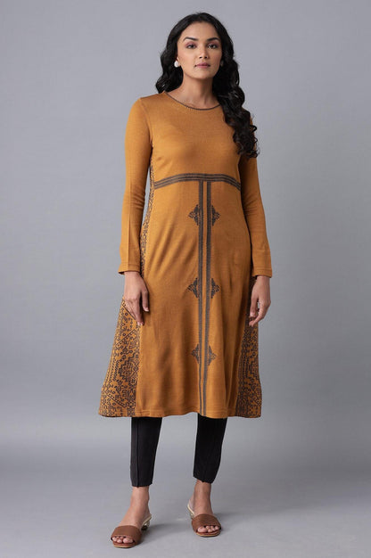 Dark Yellow A-line Winter Dress - wforwoman