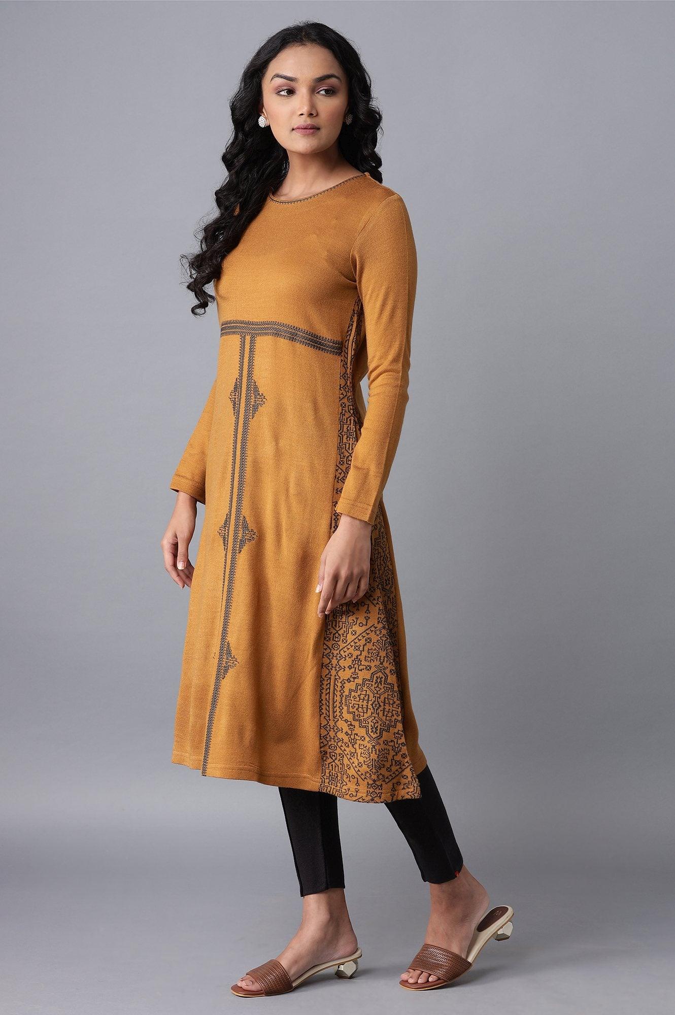 Buy Dark Yellow A-line Winter Dress Online for Woman | WforWoman Buy Dark Yellow A-line Winter Dress Online for Woman | WforWoman