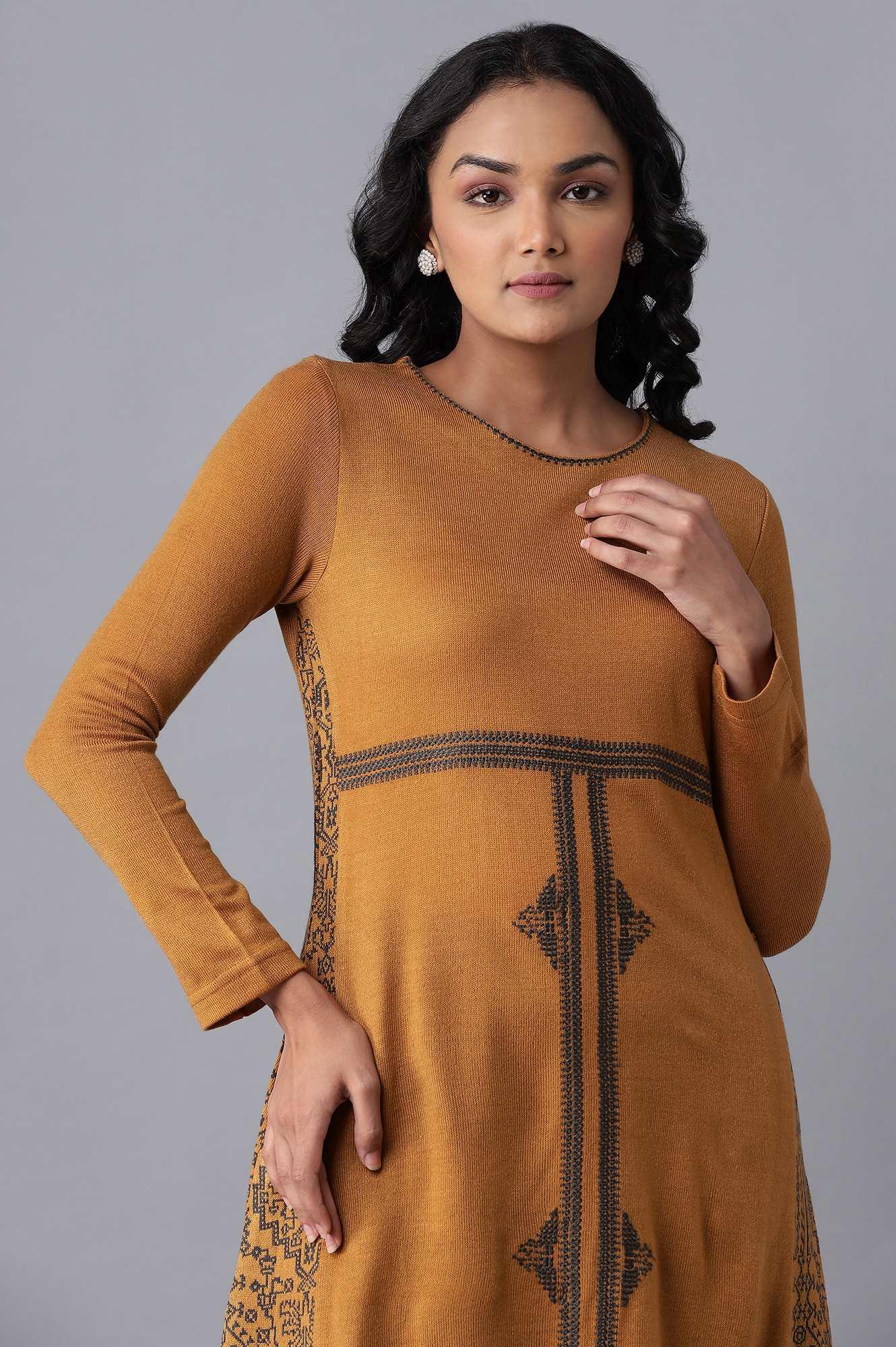 Buy Dark Yellow A-line Winter Dress Online for Woman | WforWoman Buy Dark Yellow A-line Winter Dress Online for Woman | WforWoman