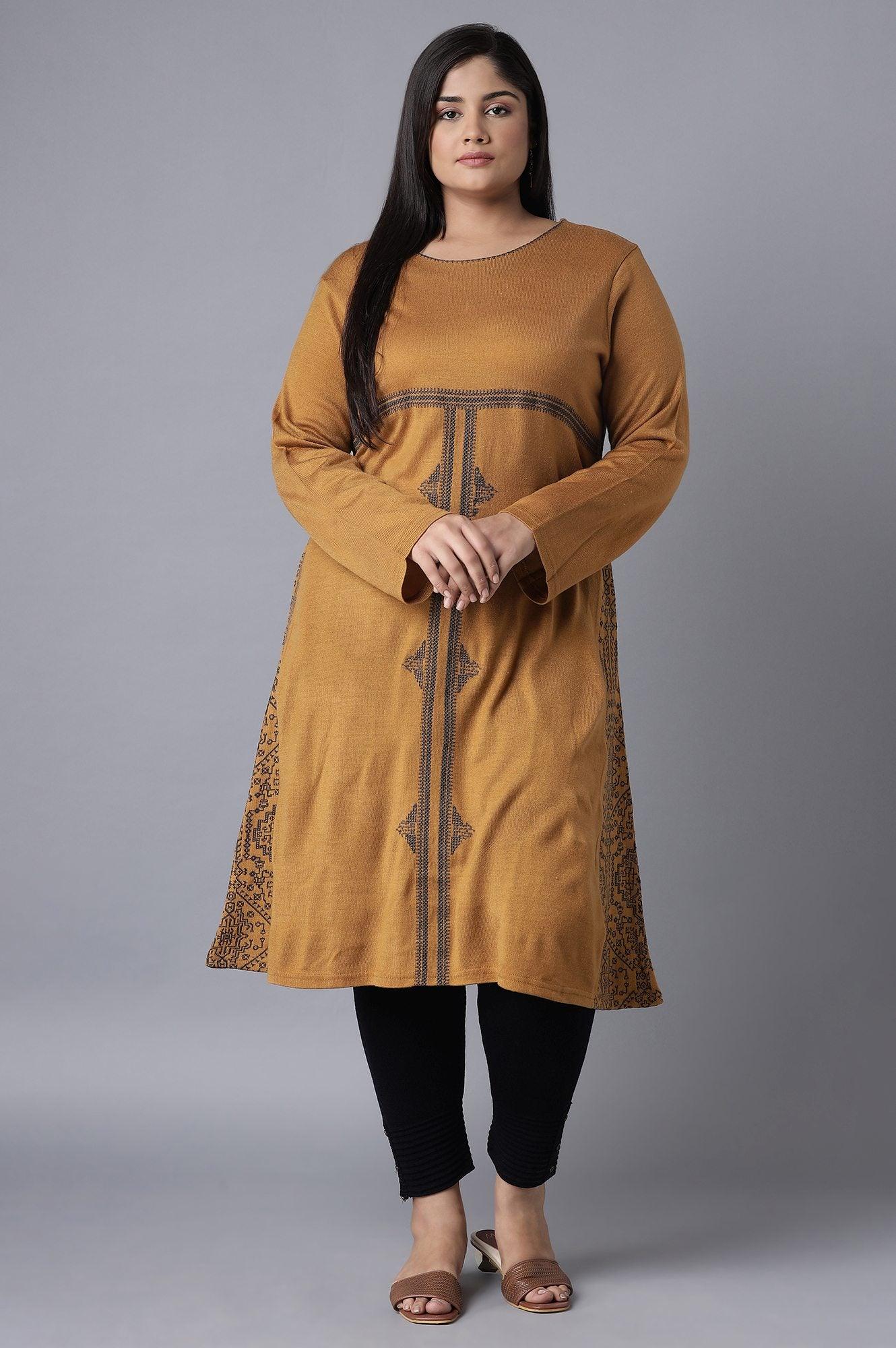 Dark Yellow A-line Winter Dress - wforwoman