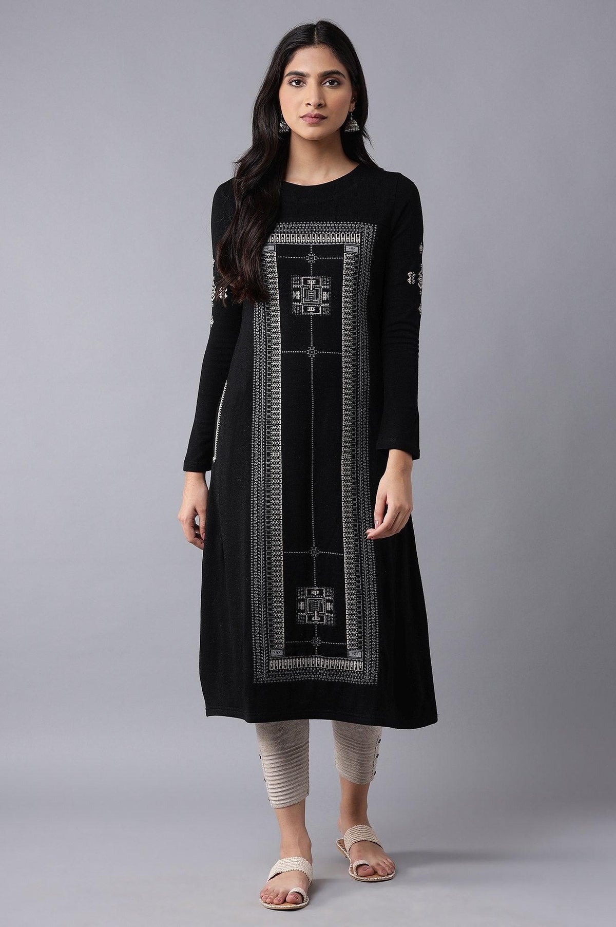 Jet Black A-line Winter kurta - XS