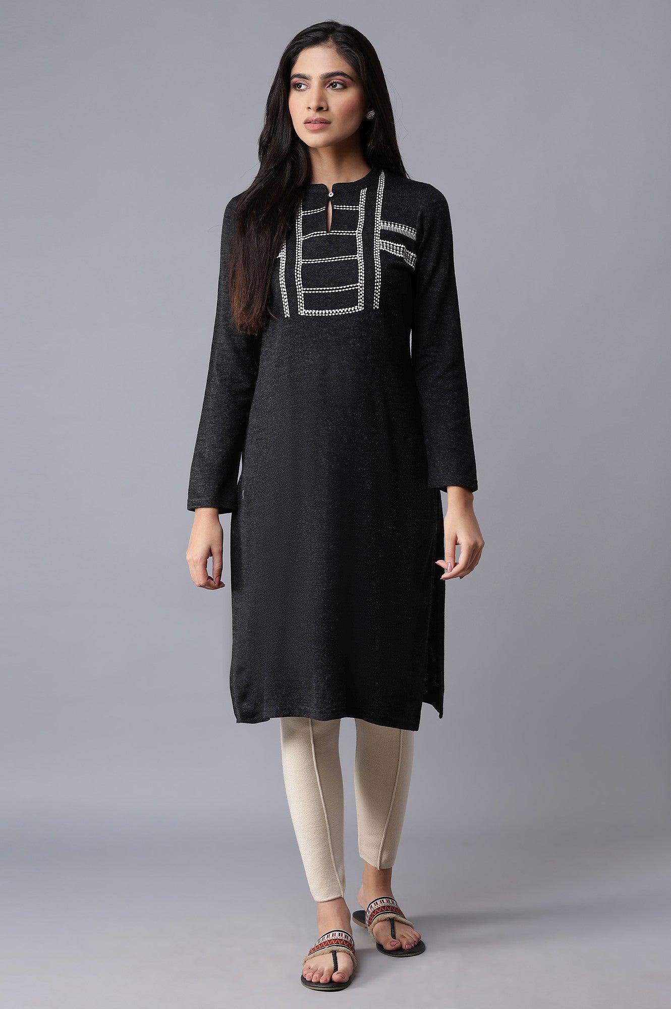 Black Solid Winter kurta - wforwoman