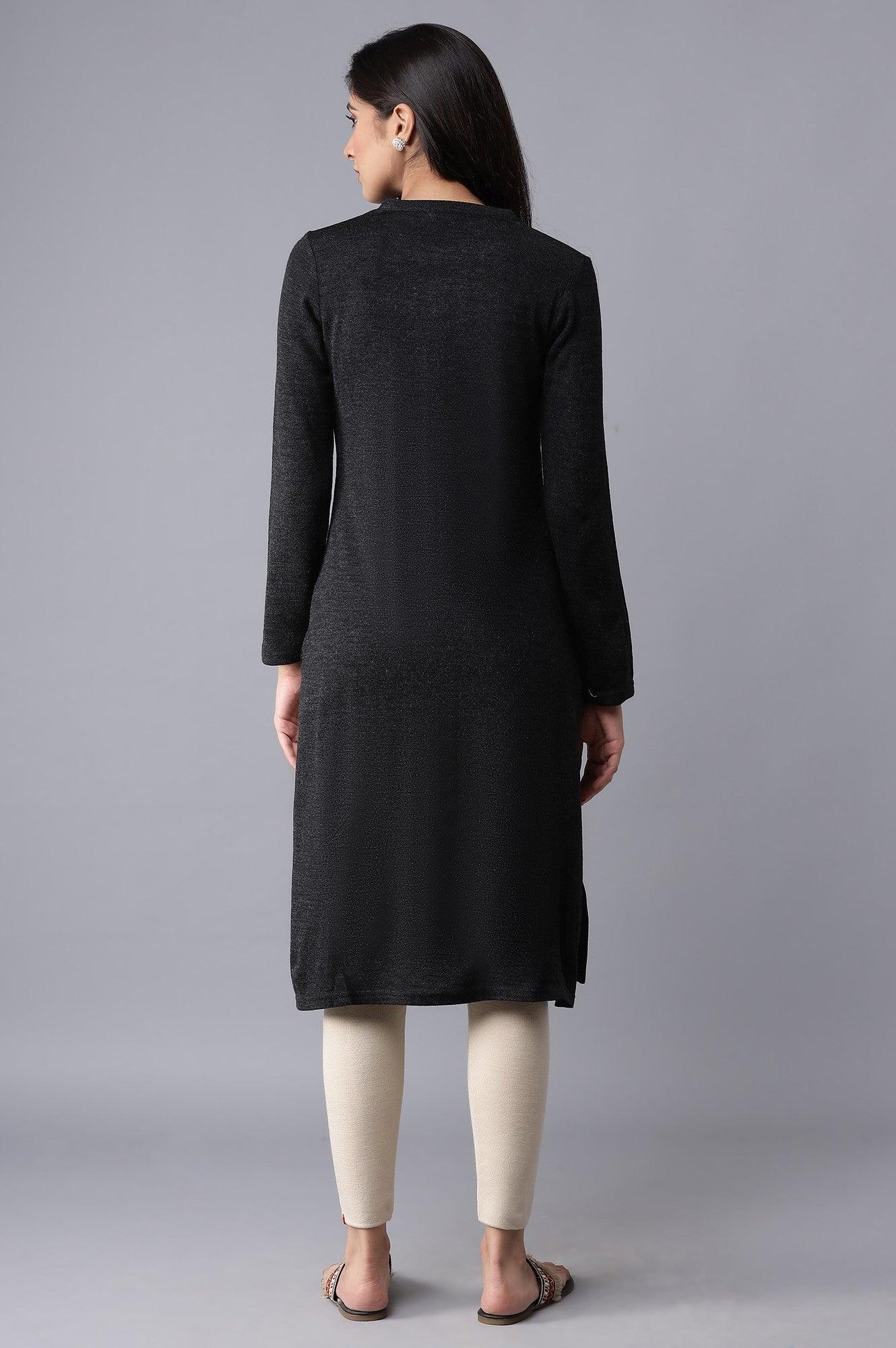 Black Solid Winter kurta - wforwoman