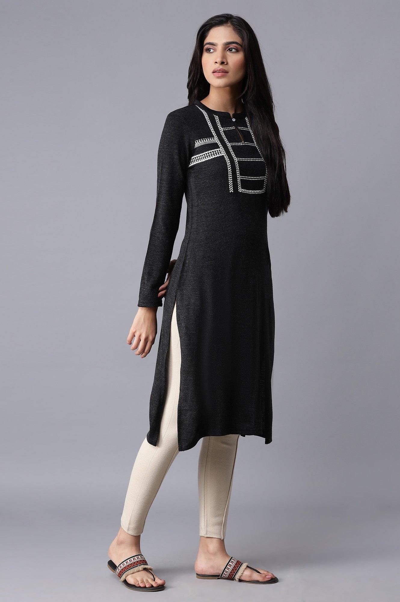 Black Solid Winter kurta - wforwoman