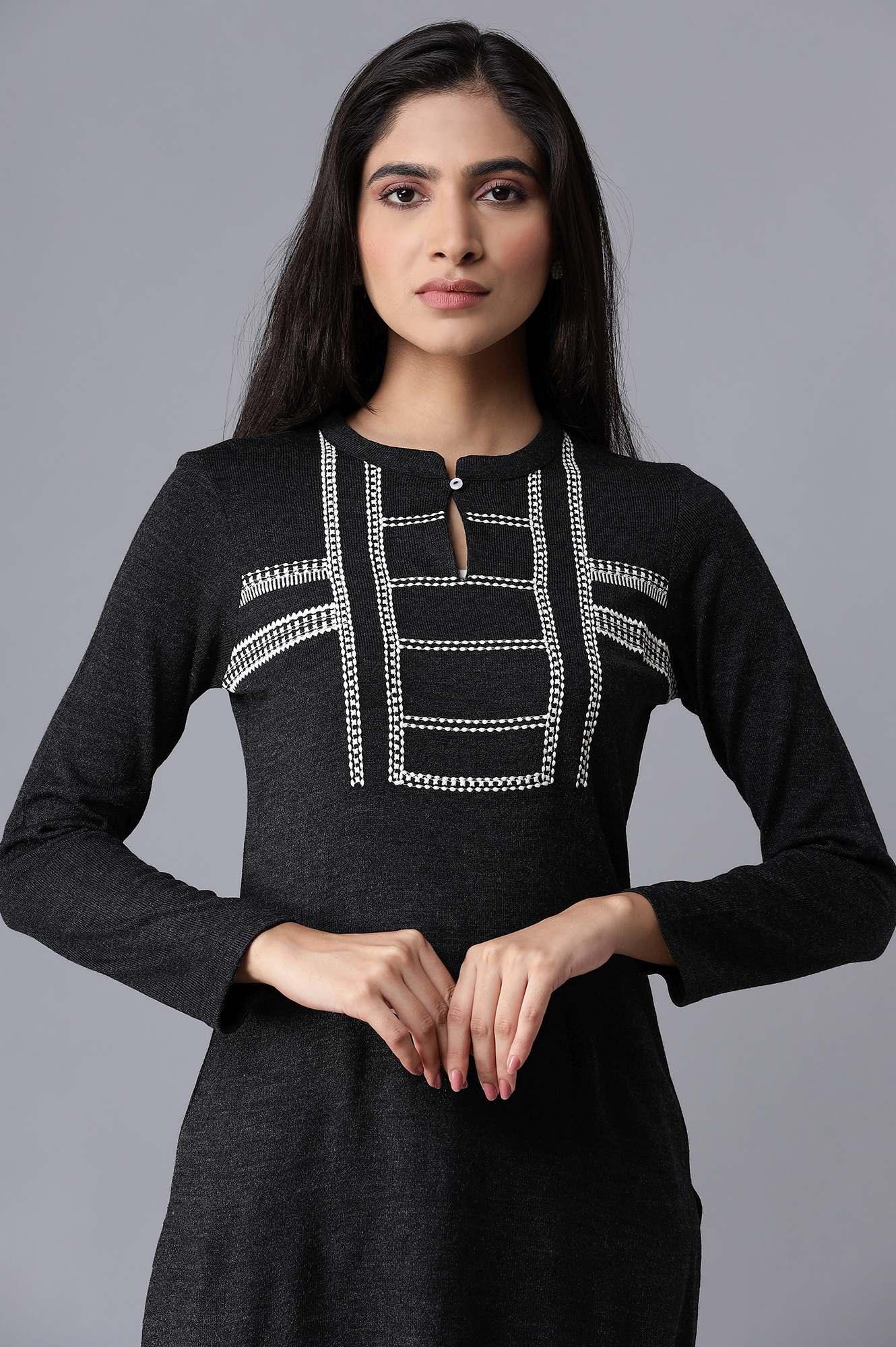 Black Solid Winter kurta - wforwoman