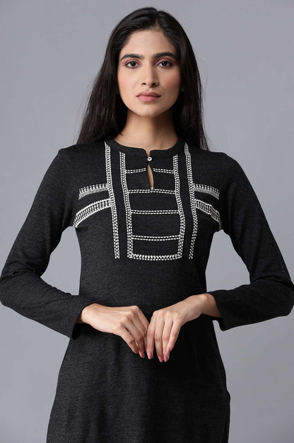 Black Solid Winter kurta - wforwoman