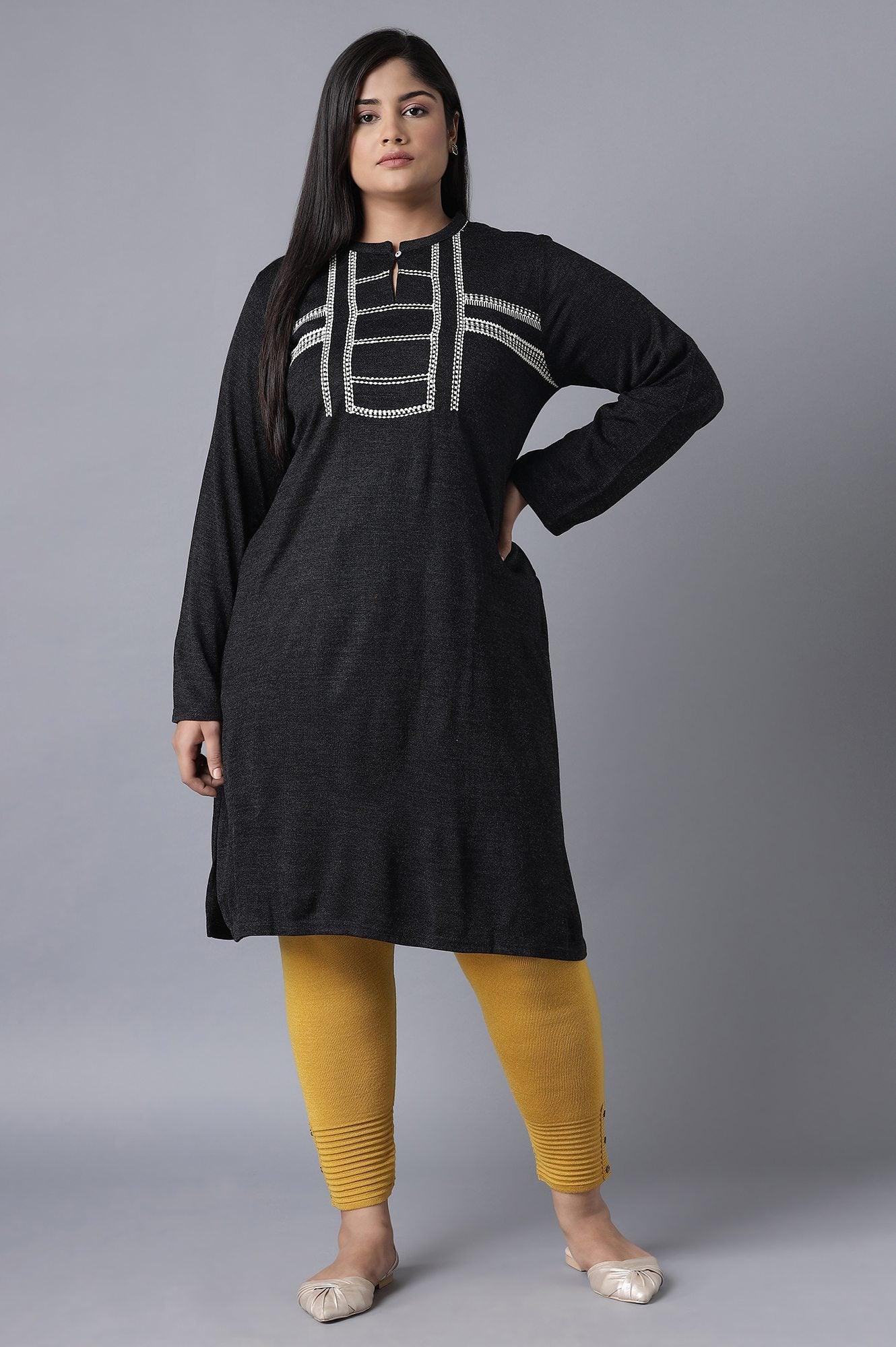 Black Solid Winter kurta - wforwoman