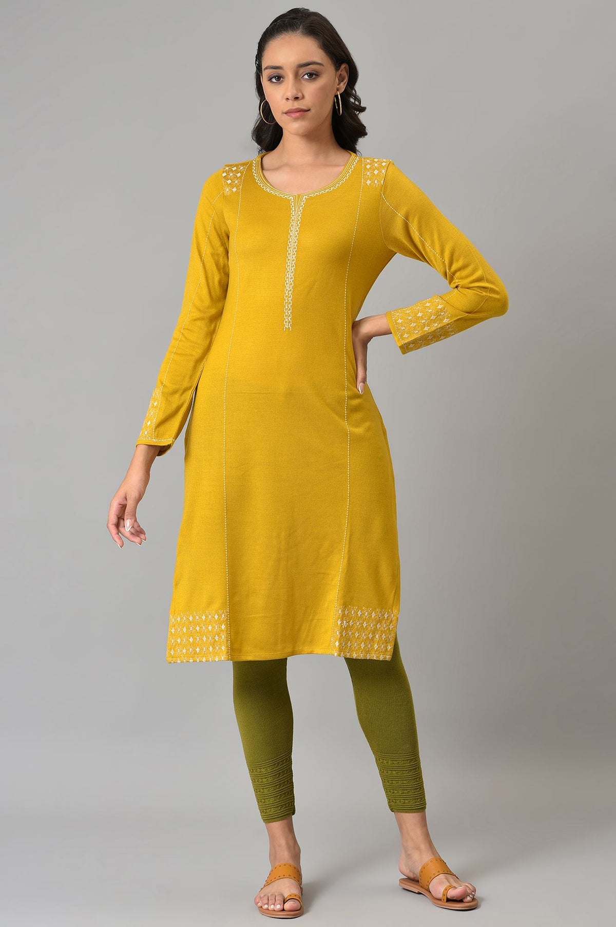 Yellow Embroidered Straight kurta - XS