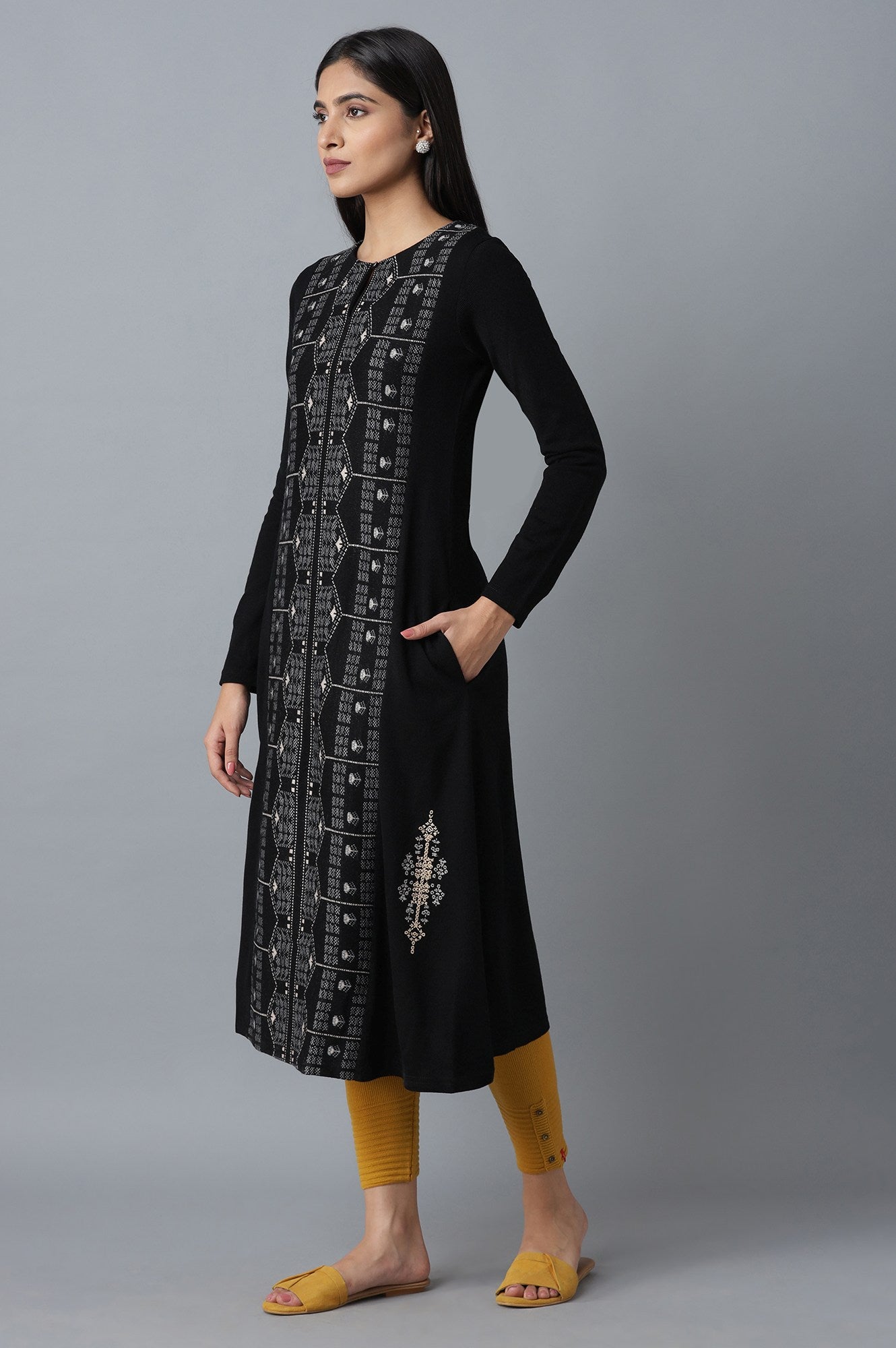 Black A-line Winter kurta