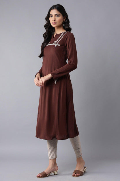 Dark Brown A-line Winter kurta - wforwoman