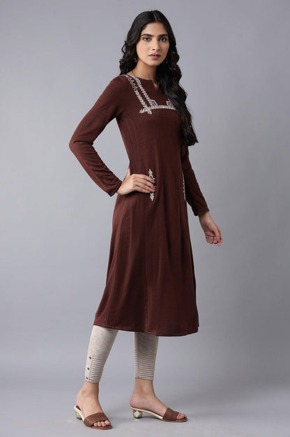 Dark Brown A-line Winter kurta - wforwoman