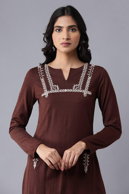 Dark Brown A-line Winter kurta - wforwoman