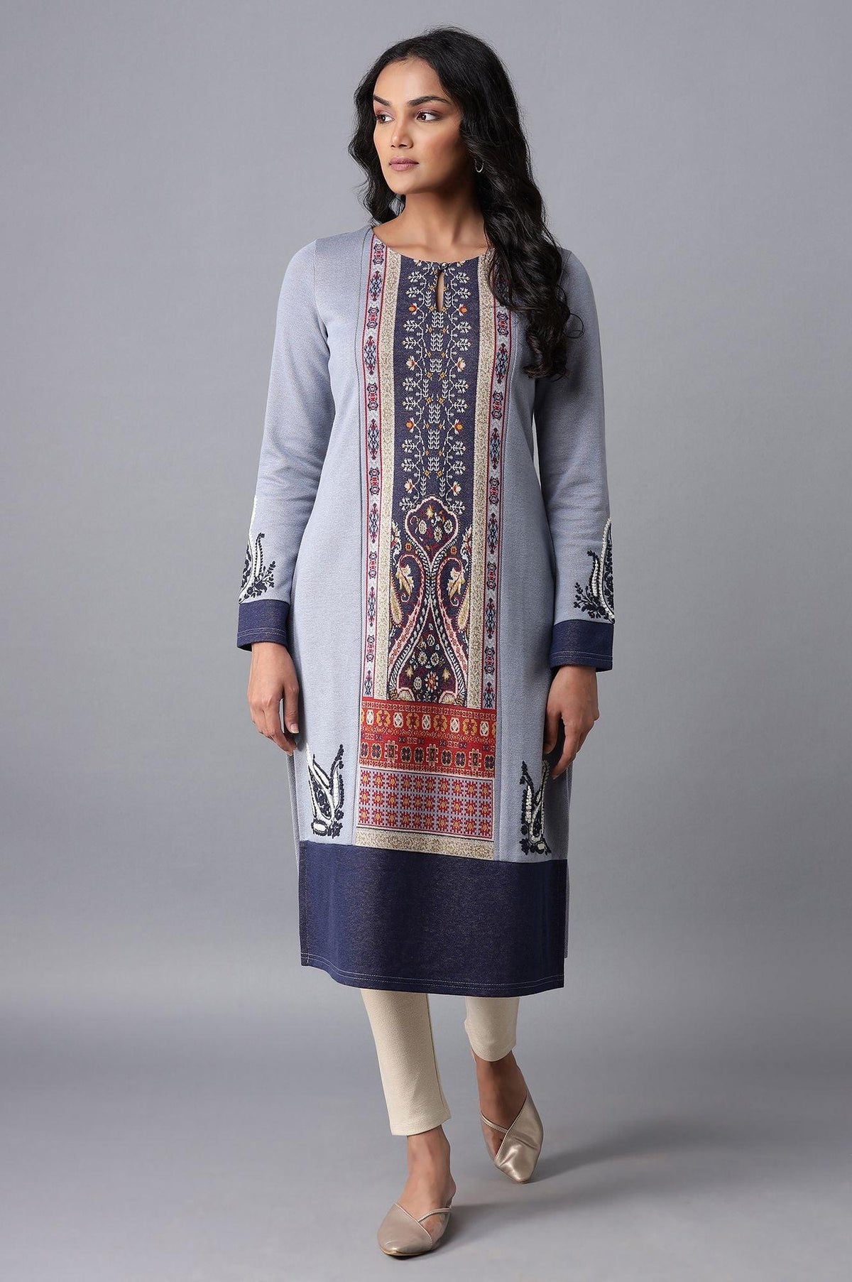 Light Blue Embroidered Winter kurta - XS