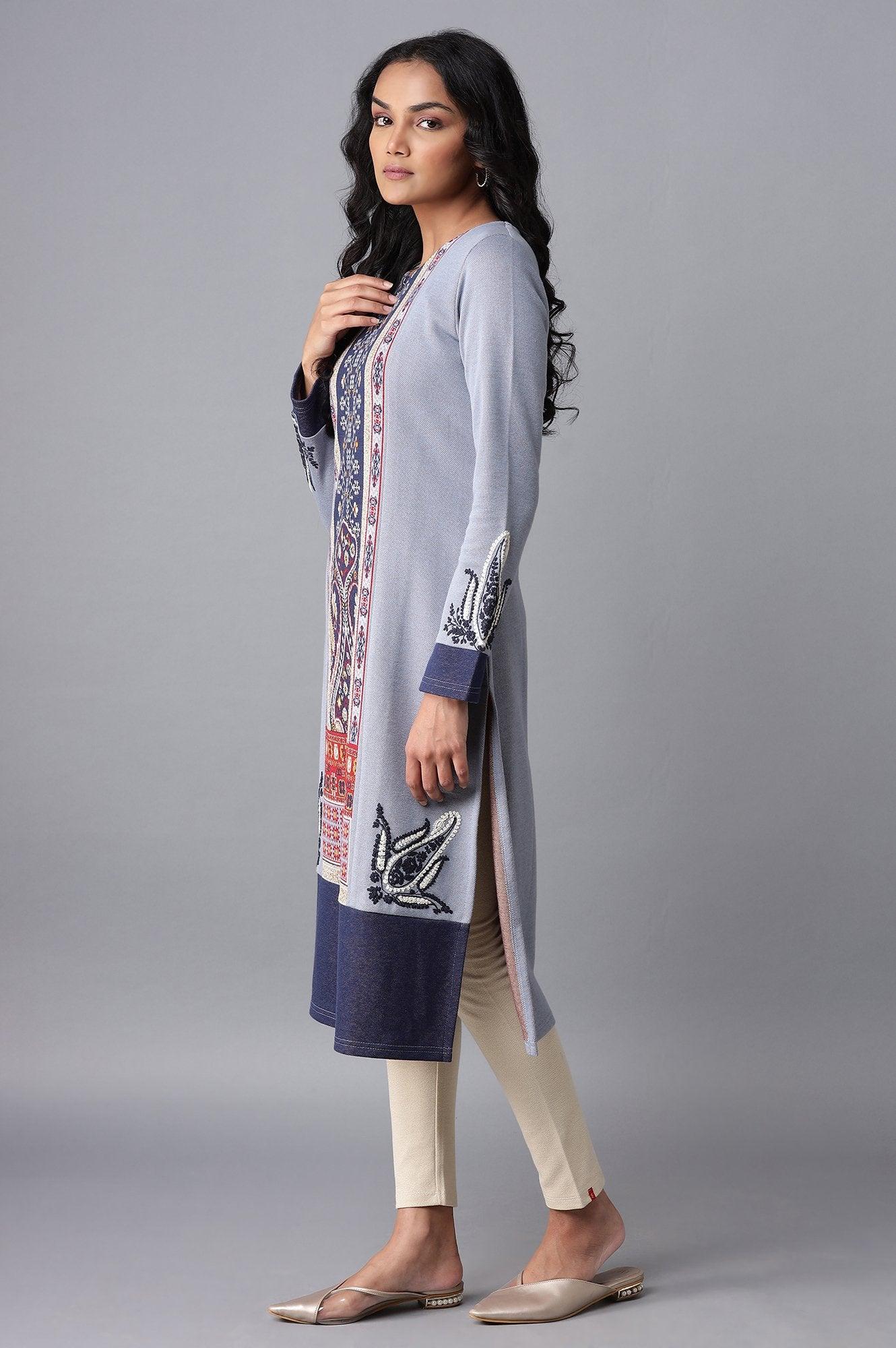 Light Blue Embroidered Winter kurta - wforwoman