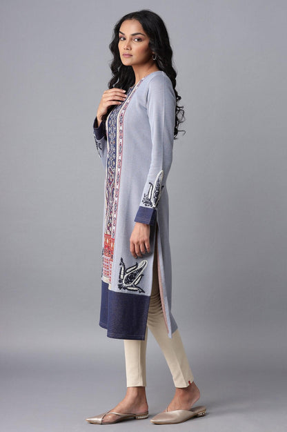 Light Blue Embroidered Winter kurta - wforwoman