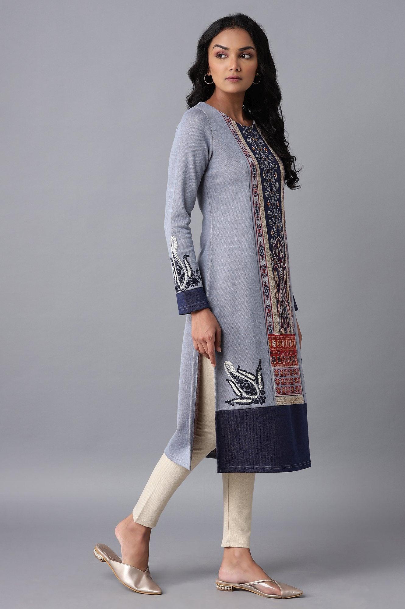 Light Blue Embroidered Winter kurta - wforwoman