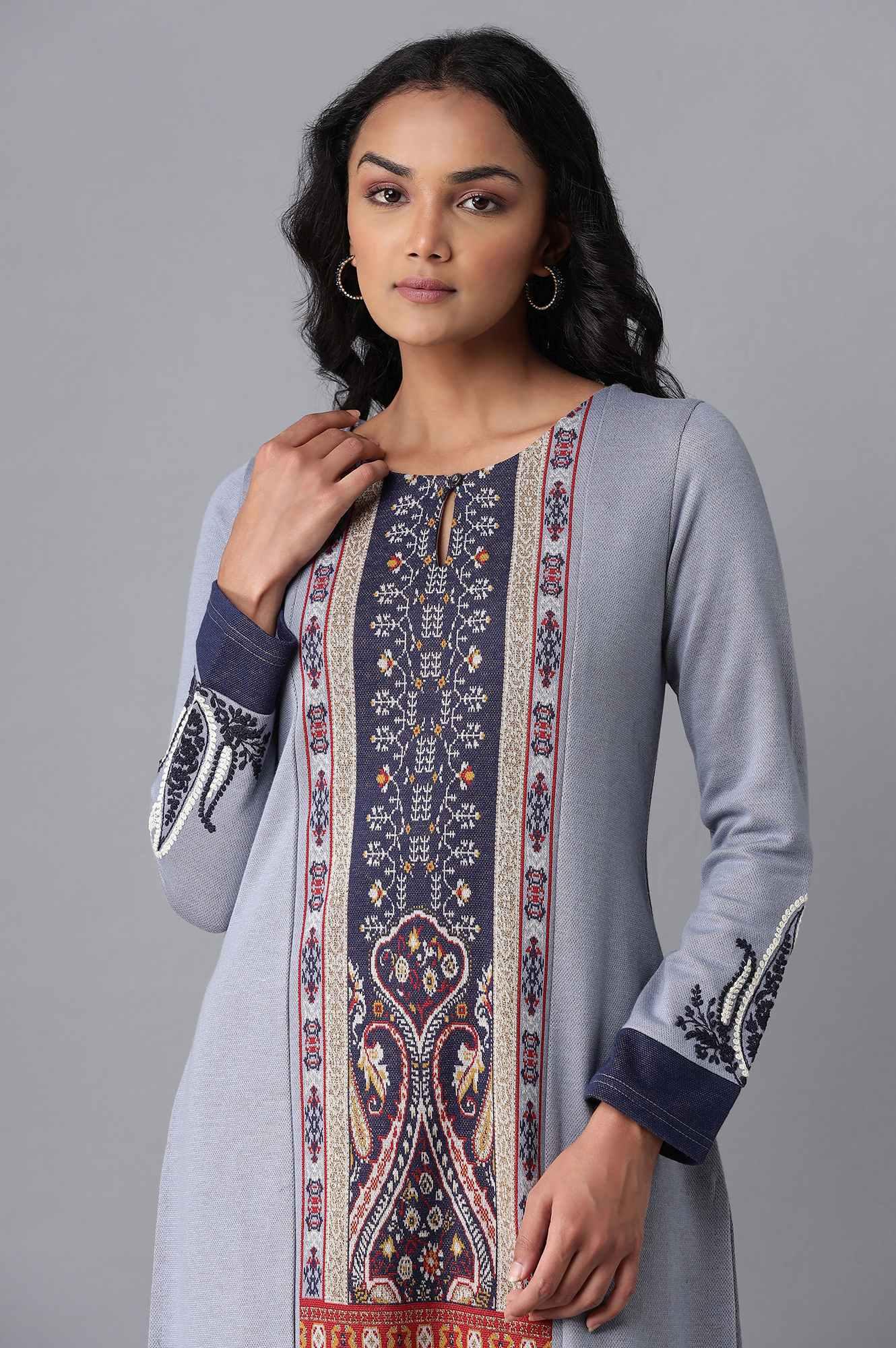 Light Blue Embroidered Winter kurta - wforwoman