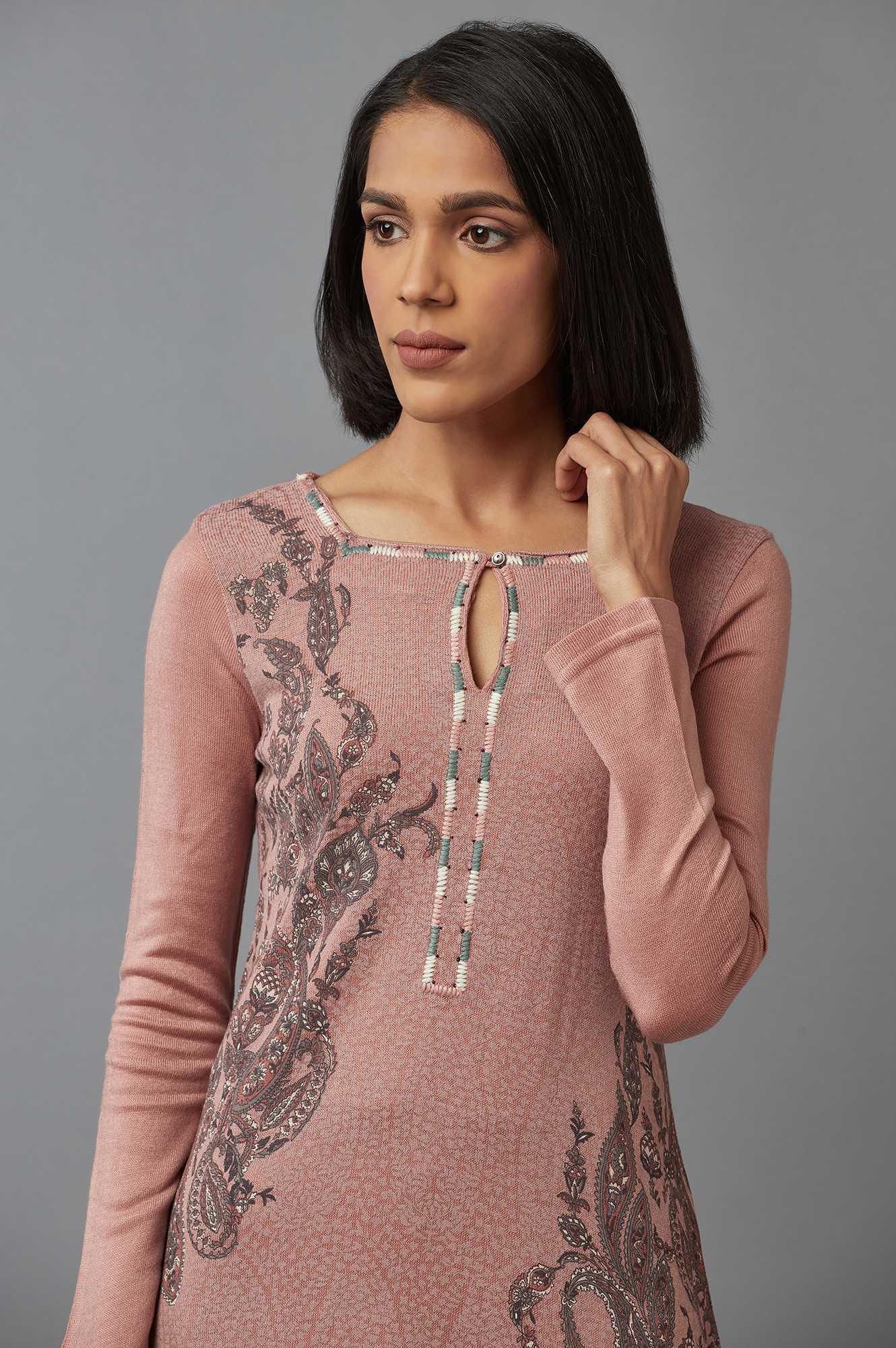 Pink Embroidered A-line kurta - wforwoman