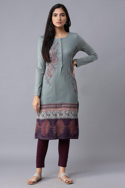 Light Blue Printed Winter kurta - wforwoman