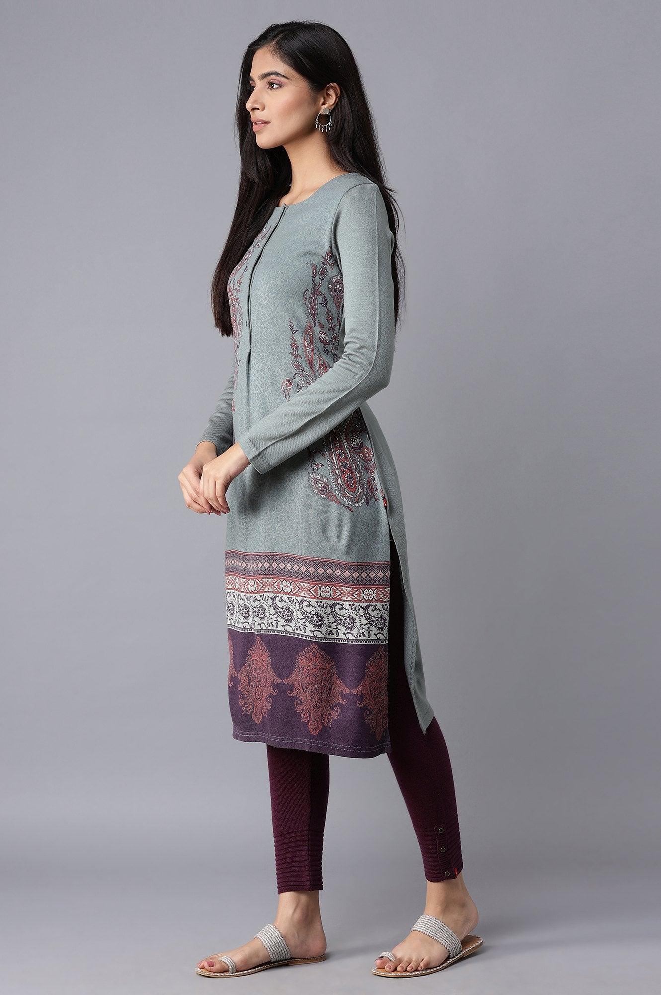 Light Blue Printed Winter kurta - wforwoman
