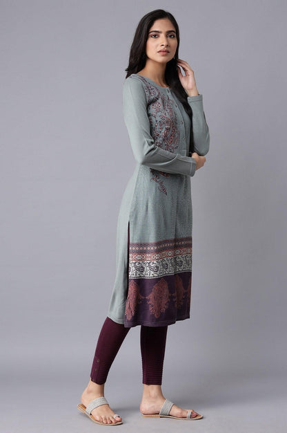 Light Blue Printed Winter kurta - wforwoman
