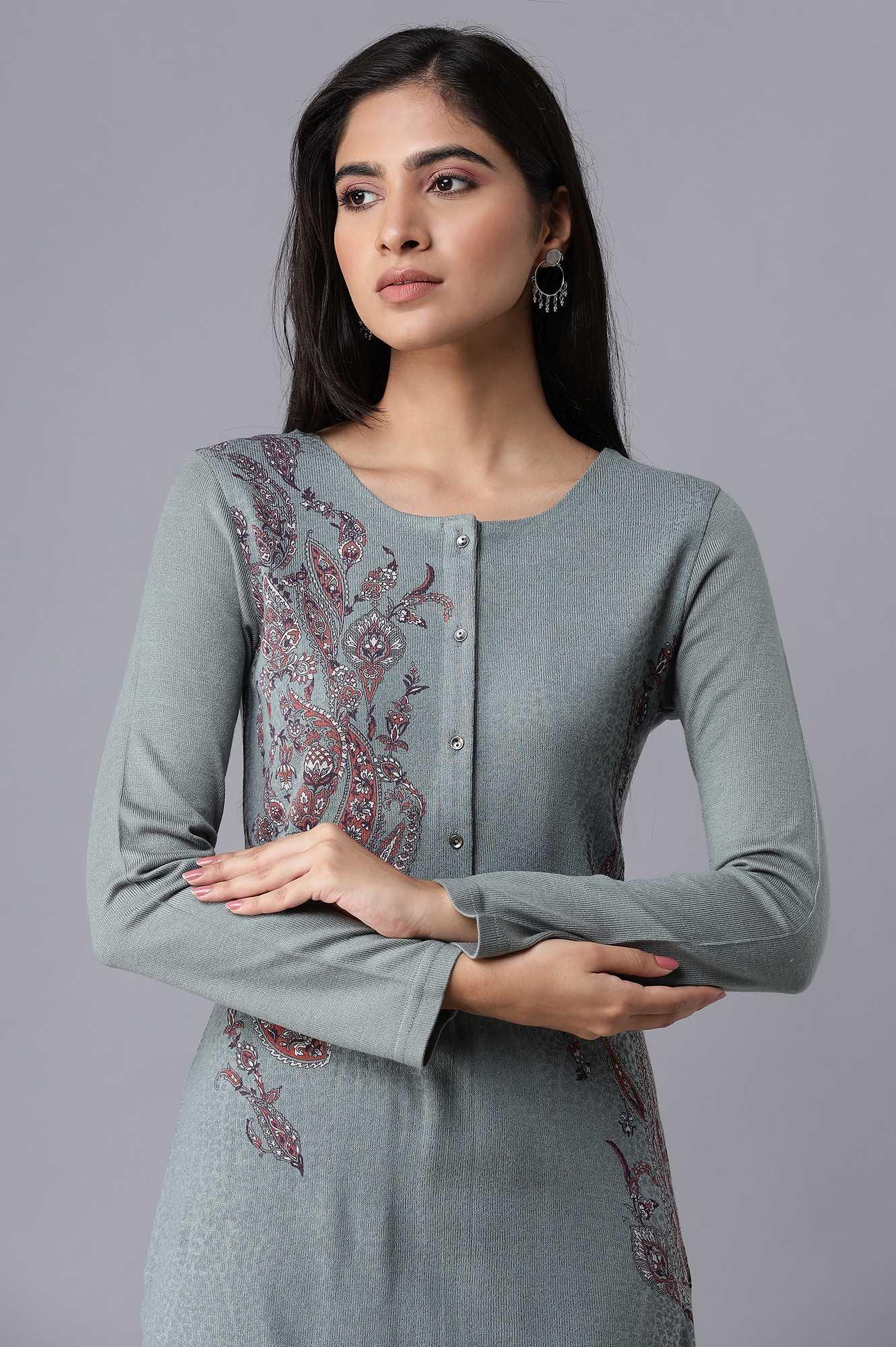 Light Blue Printed Winter kurta - wforwoman