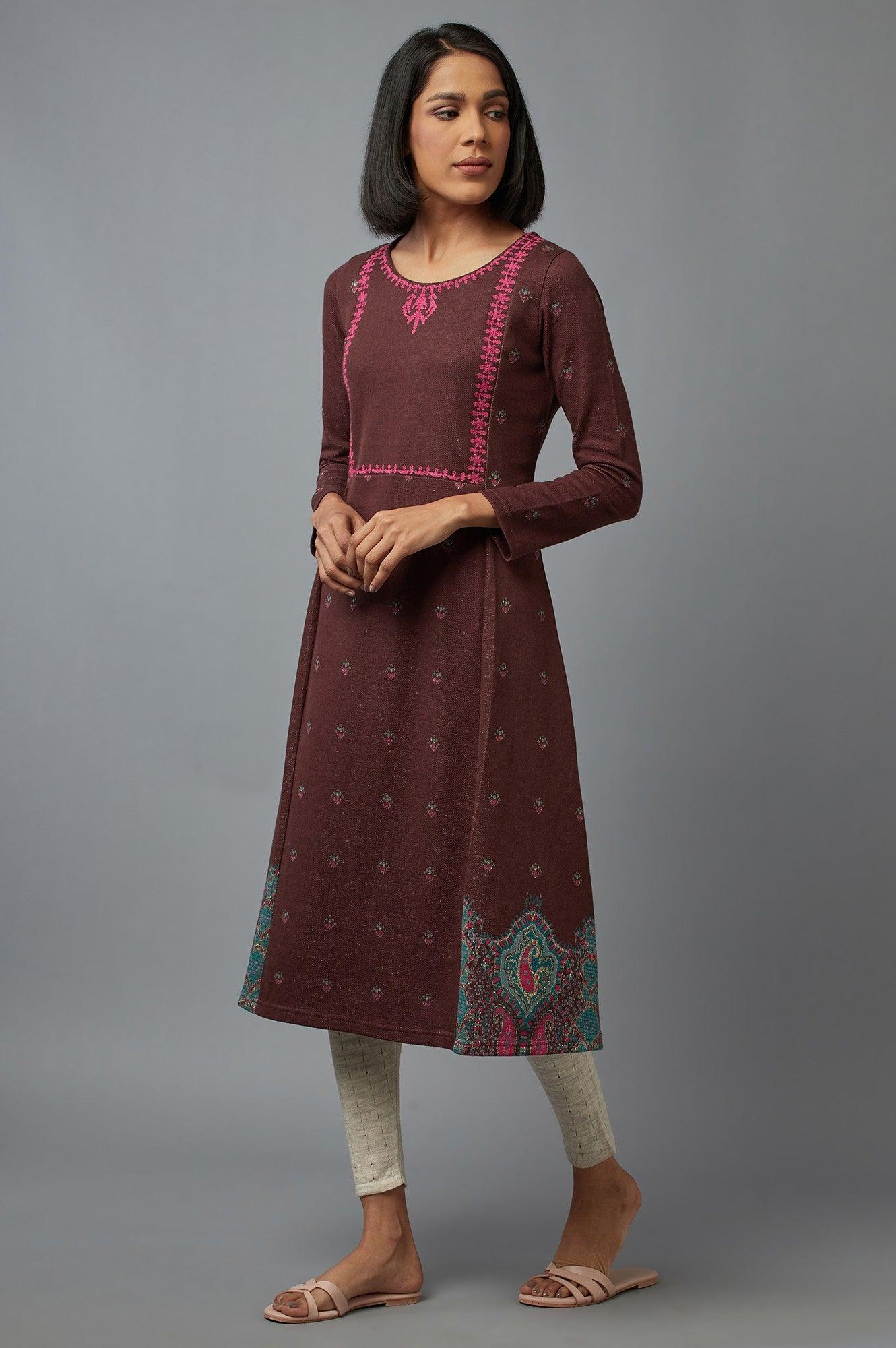 Brown Jacquard A-line kurta - wforwoman