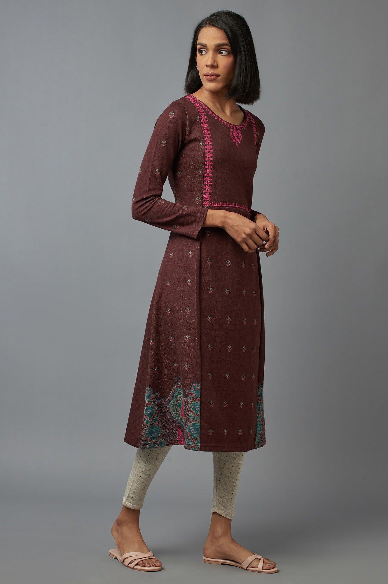 Brown Jacquard A-line kurta - wforwoman