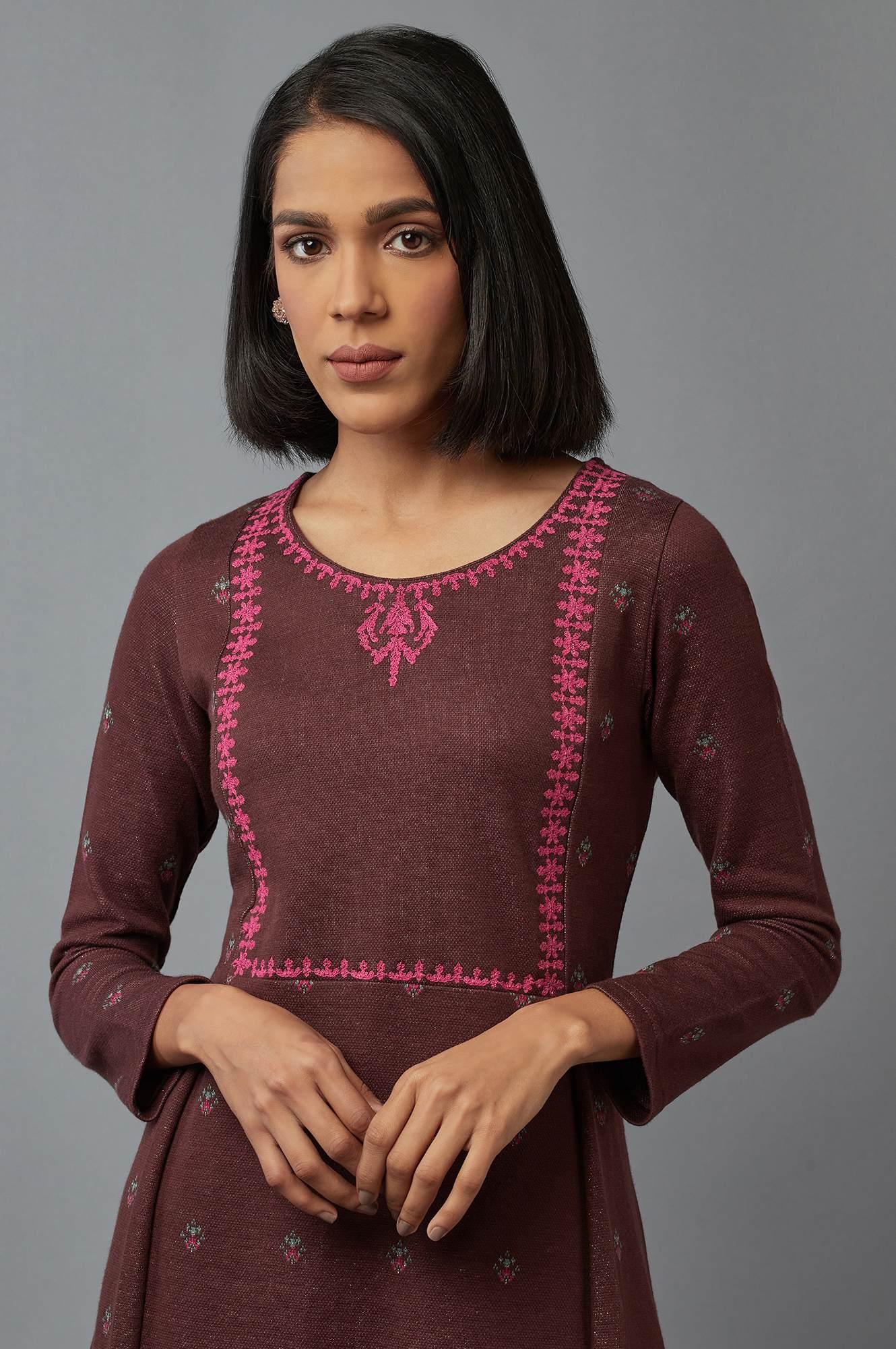 Brown Jacquard A-line kurta - wforwoman
