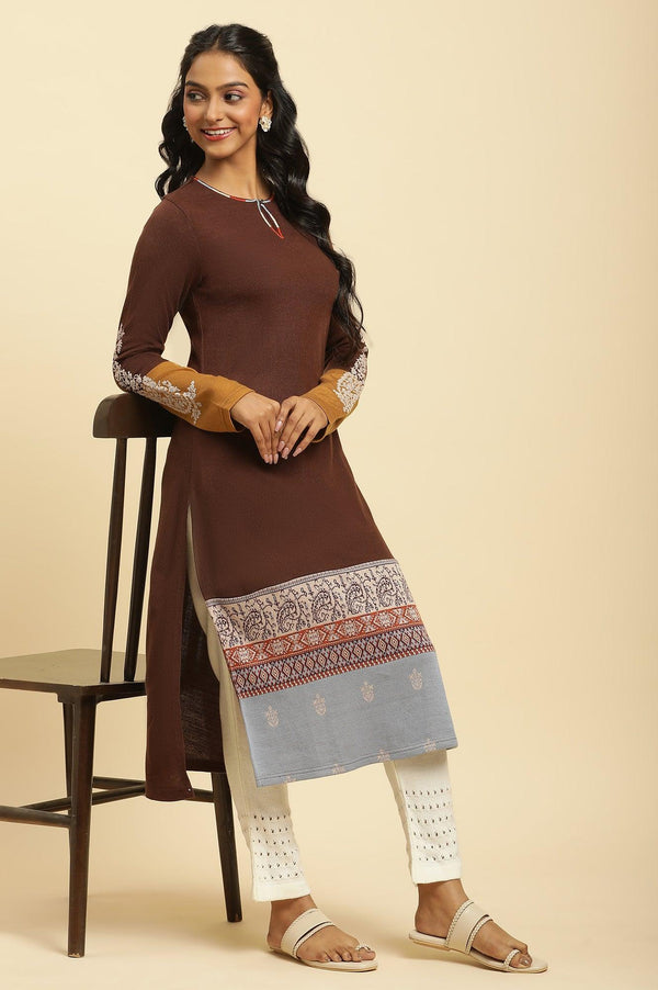 Brown Colour Block Kurta