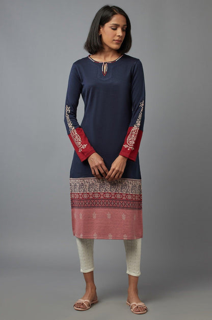 Dark Blue Colour Block kurta - wforwoman
