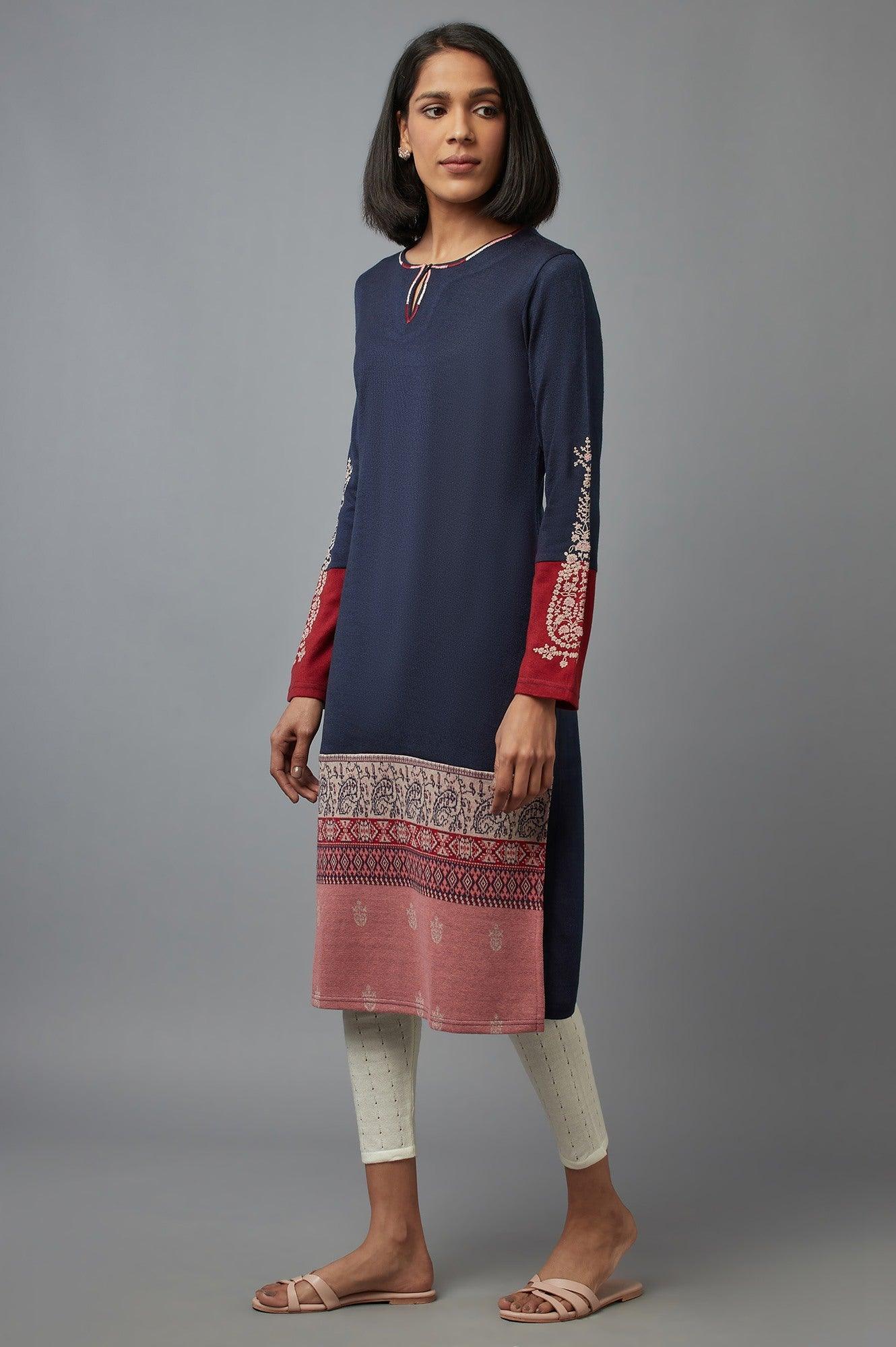 Dark Blue Colour Block kurta - wforwoman