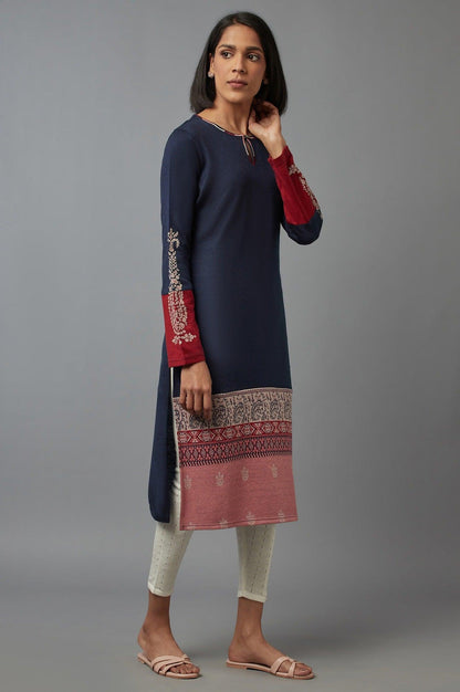 Dark Blue Colour Block kurta - wforwoman