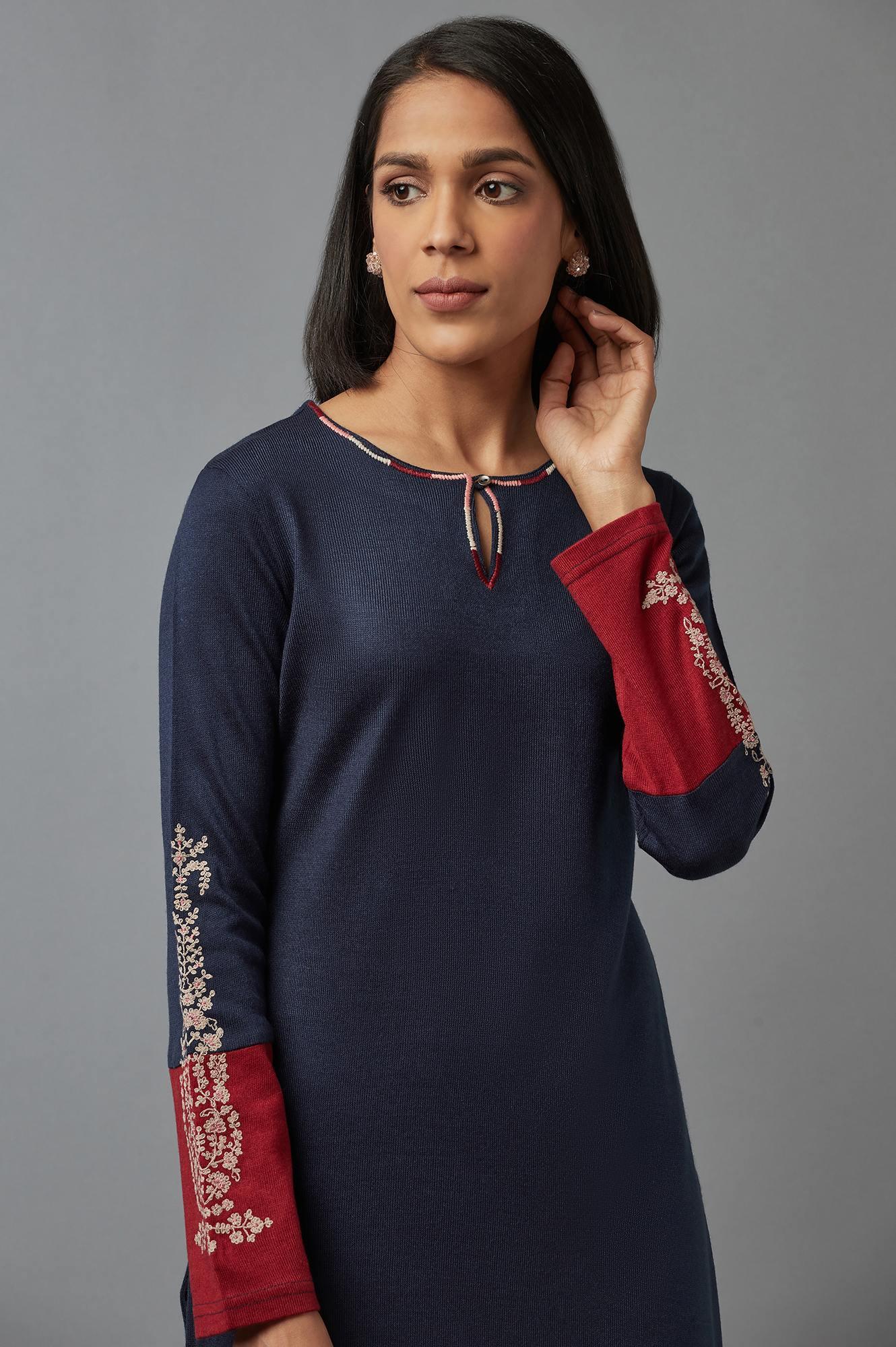 Dark Blue Colour Block kurta - wforwoman