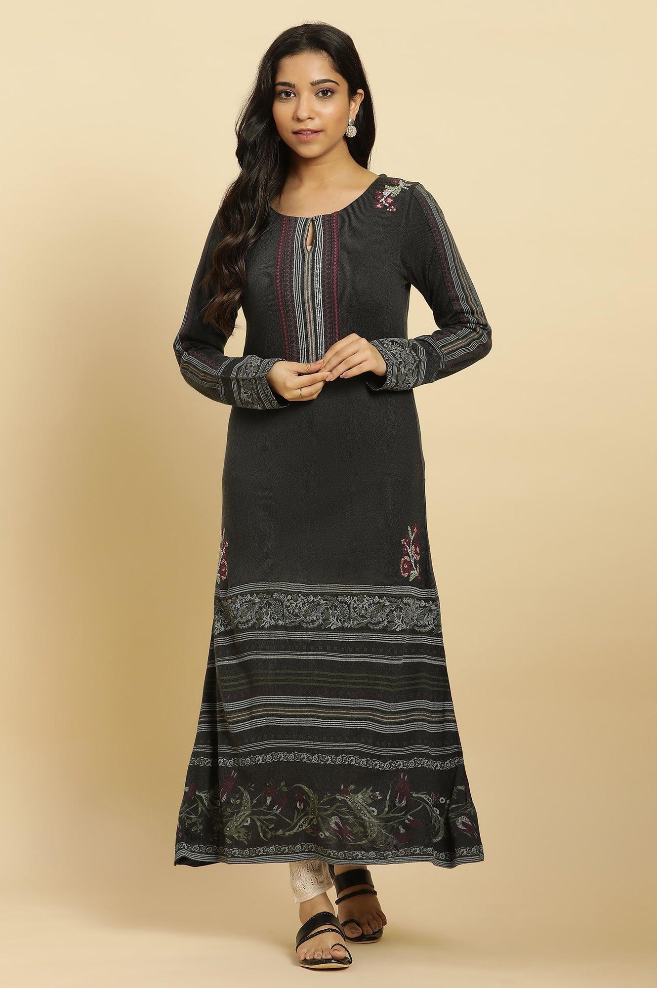 Dark Grey Crosstitch Embroidered Kurta - wforwoman